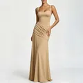 Detail of elegant khaki long dress with layered pleats and square neckline design - Khaki