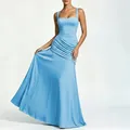 Detail of light blue sleeveless maxi dress with elegant ruched waist and wide straps - Blue