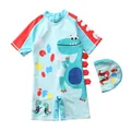 Kids one-piece blue dinosaur swimsuit with short sleeves and matching swim cap - S / Light Blue Color Block Red Dinosaur Style