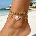 Bohemian gold layered anklet with pink shell charm and beads on sunny beach background - Gold Pink Shell Style (32739-ank-pink-EP)