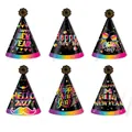 Set mit 6 schwarzen und bunten Silvester Partyhüten 2027 mit festlichem Design - Neujahr Regenbogen Spitzhüte