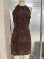 Mini robe Y2K marron foncé à paillettes avec broderies perlées florales en 3D - S / Haut Et Bas / Marron