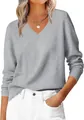 Detailaufnahme des dunkelgrauen Strickpullovers mit V-Ausschnitt und Rippbündchen für Damen - S / Hellgrau