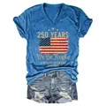 Detailed flat lay of blue V-neck T-shirt with 250th anniversary print and ripped denim shorts - S / Tops / Blue