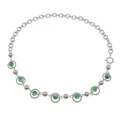 Detail of silver titanium necklace featuring green cat eye stone beads and metal spheres - Green Cat Eye Necklace