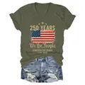 Army green V-neck short sleeve T-shirt with 250th anniversary US flag print - S / Tops / Army Green