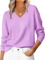 Close-up of ribbed V-neckline and soft lavender knit texture on women's sweater - S / Light Purple