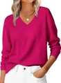 Close-up of magenta V-neck knit sweater showing ribbed texture and soft fabric detail - S / Rose Red