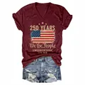 Deep red V-neck T-shirt with 250 Years USA flag print paired with denim shorts - S / Tops / Burgundy