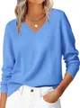 Women's classic V-neck long sleeve knit sweater in sky blue with ribbed cuffs and hem - S / Sky Blue