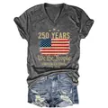 Dark grey V-neck T-shirt with 250th anniversary print and denim shorts outfit - S / Tops / Dark Gray