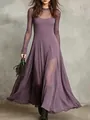 Elegant purple mesh long sleeve two-piece maxi dress with a flowing A-line silhouette - XS / Purple