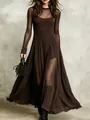 Elegant dark brown two-piece maxi dress with sheer mesh sleeves and flared skirt - XS / Brown