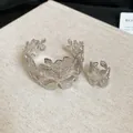 Silver hollow flower pattern open cuff bracelet and ring set with metallic texture - Butterfly Style Bangle and Ring Set (41#) / Silver