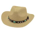 Khaki straw western cowboy hat with brown leather band and turquoise studs - One Size(56-58cm) / Khaki