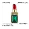 Golden lipstick brooch with red enamel and emerald gemstone featuring LOVE engraving - Lipstick Shape (LOVE Letter) / 14K Gold Plated (Green-3127)