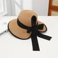Women's wide brim straw sun hat in khaki with black bow and back opening design - Half Empty Straw Hat Khaki