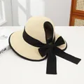 Beige wide brim straw sun hat with black bow and open top design for ponytails - Beige Straw Hat