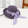 Deep purple straw sun hat with light purple bow band for women beach vacation - Hollowed-out Purple Trim