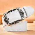 White vintage embossed leather belt for women with antique silver floral buckle detail - White With Silver Buckle