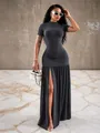 Detailed view of dark grey slim fit maxi dress with high slit and pleated skirt hem - S / Gray