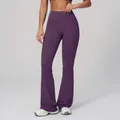 Dark purple high-waisted flared yoga pants with elastic slimming compression fit - Dark Purple