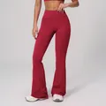 High waist flared yoga pants in dark red color with seamless slimming tummy control - Cherry Red