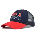 Red and navy blue trucker hat with 3D USA embroidery and breathable mesh back - Breathable Mesh Style / Red And Navy Blue