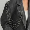 Punk silver chain brooch with black stone beads and double pin hanging on suit - Silver Black Irregular Bead Tassel Style (0390)