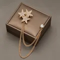 Elegant gold star chain brooch with sparkling rhinestones on a jewelry box surface - Star Chain Brooch / Gold