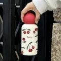Cream-white stainless steel vacuum flask with cherry pattern and red rounded lid - 350ml / Red Spherical Lid / Beige Red Cherry Style