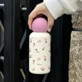 Creamy thermal water bottle with pink spherical cap and cute tulip print pattern - 350ml / Pink Spherical Lid / Cream Pink Tulip Style