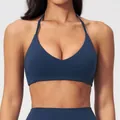 Dunkelblauer Sport-BH mit Neckholder, tiefem V-Ausschnitt und breitem Stützband - Marineblau