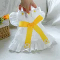 White eyelet embroidery pet dress with daisy details and yellow bow for small dogs - XS / White (New Daisy Dress)
