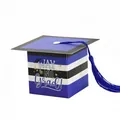 Blue striped graduation cap gift box with a blue tassel and Way to Go Grad print - Blue