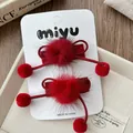 Paire de barrettes à cheveux rouges en peluche avec pompons pour filles - Rouge