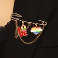 Punk style gold chain brooch with colorful rainbow heart and Love Wins lettering - Rainbow Pride Style 1 (KC Gold)