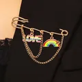 Punk style gold chain brooch with LOVE pendant and rainbow heart on a black suit - Rainbow Pride Style 5 (KC Gold)