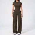 Olive brown two-piece yoga set with slim short sleeve top and wide leg high waist pants - Black Coffee