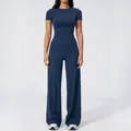 Navy blue women's yoga set with short sleeve slim T-shirt and high waist wide leg pants - Navy Blue