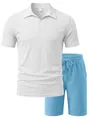 Detail of 100% polyester fabric texture and L size label on men's striped polo set - White and Blue