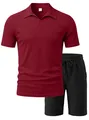 Detail of red knit polo neck and polyester fabric texture on men's casual summer set - Red and Black