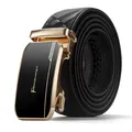 Cintura da uomo in pelle nera con fibbia automatica dorata e trama a griglia - Lunghezza Standard / Fibbia Dorata Grana Pauli Nero