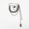 Spilla da balia argento con catene multiple, ciondolo a cuore nero e perline grigie - Stile Nappa Con Ciondolo a Cuore Argento (0349)