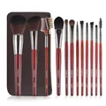 12-delige make-up borstelset in redwood kleur met bruine PU-leren oprolbare tas - Make-up Borstels en Leren Tas / Mahonie