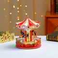 Close-up of a musical carousel box with red and white roof and warm LED lighting - Rocking Horse Style
