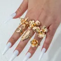 Lot de cinq bagues dorées aux motifs floraux incluant feuilles de ginkgo et fleurs - Style Floral Plante (32262) / Or
