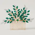 Elegante pettine per capelli dorato con cristalli verdi e foglie bianche per acconciature sposa - Stile Fiore della Foresta Vintage (HS-J6883)