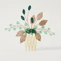 Peigne à cheveux doré de luxe avec feuilles en cristal vert et strass pour mariée - Style Palais Vintage à Quatre Dents (HS-J6511G)