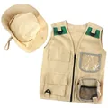 Kids khaki outdoor adventure vest and hat set with multi-pocket utility design - One Size / Insect Explorer Vest Set (KN538)
